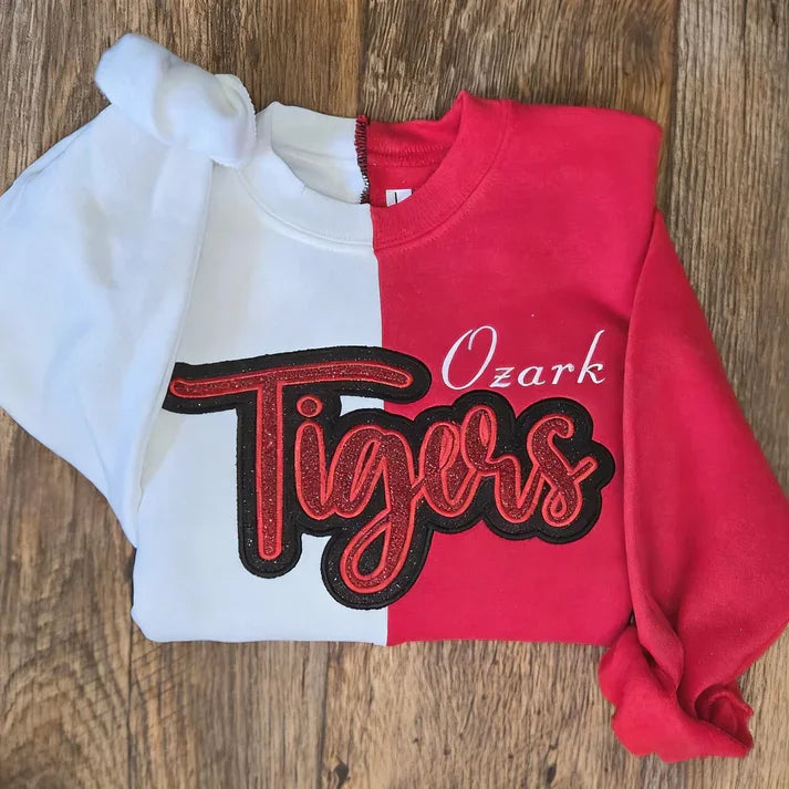 Custom Two-Tone Split Color Chenille Patch Embroidery Crewneck Sweatshirt