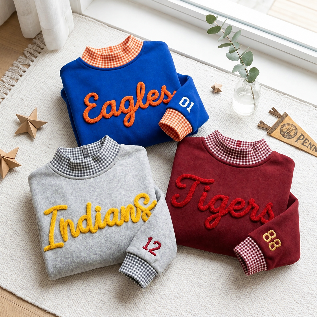 Custom Gingham Trim Chenille Varsity Sweatshirt
