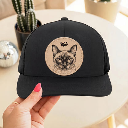 Custom Pet Leather Patch Trucker Hat | Engraved Pet Portrait Cap | Adjustable Unisex Hat for Pet Lovers
