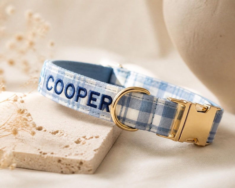 Personalized Gingham Name Dog Collar