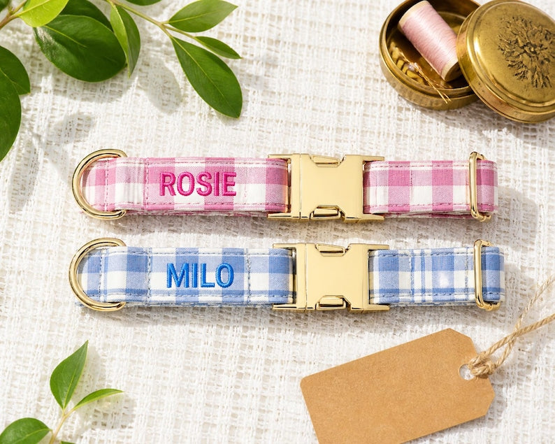 Personalized Gingham Name Dog Collar