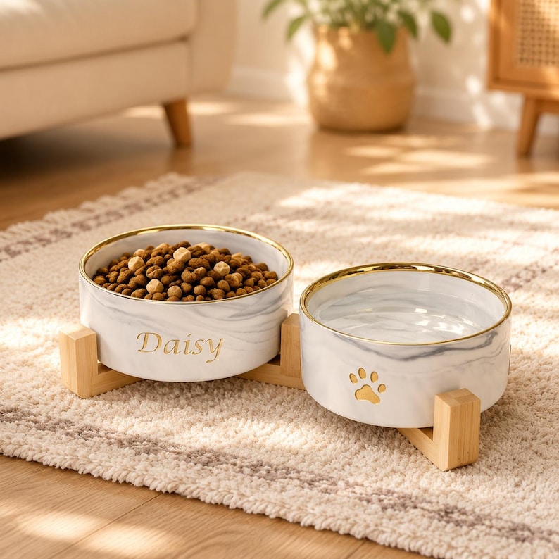Personalized Marble Pet Bowl with Stand