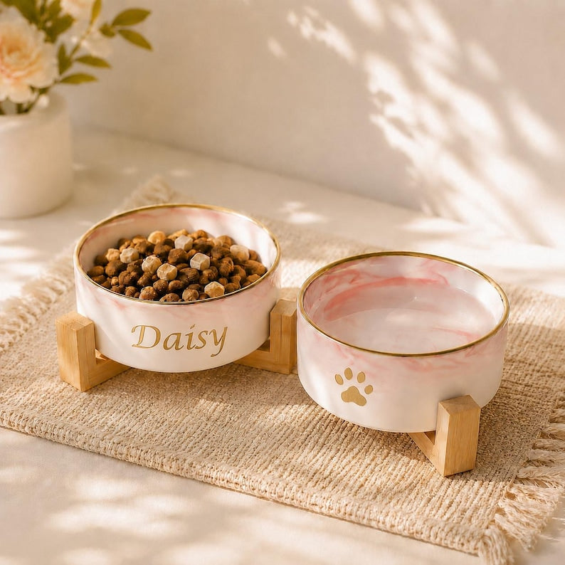 Personalized Marble Pet Bowl with Stand