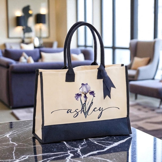 Personalized Floral Canvas Beach Tote Bag