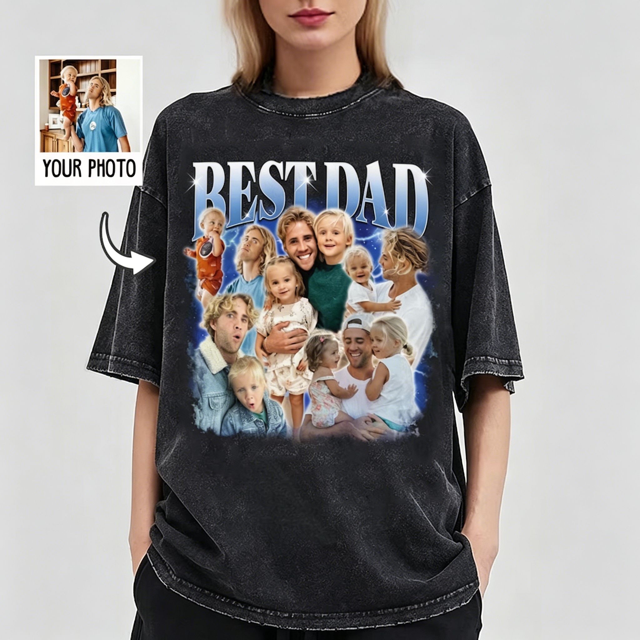 Custom Photo Best Dad Ever T-Shirt - Personalized Vintage Lightning Tee for Father's Day