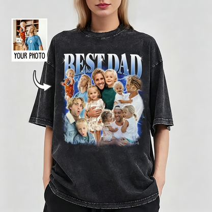 Custom Photo Best Dad Ever T-Shirt - Personalized Vintage Lightning Tee for Father's Day