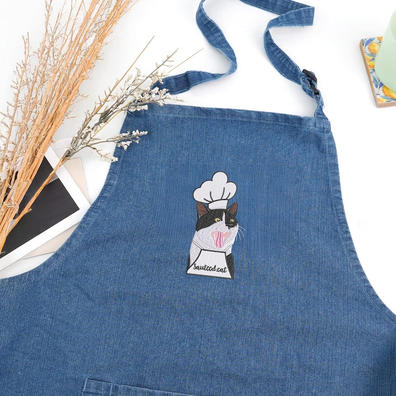 Custom Embroidered Pet Portrait Apron - Cooking Apron Woman Dog Mum