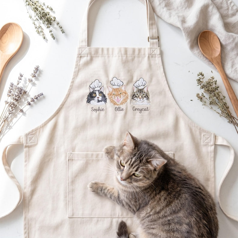 Custom Cat Portrait Apron – Embroidered Cat Chef Apron