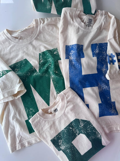 Custom Spirit Shirt, Personalized Team Tee, Custom Initial Shirt with Number & Sleeve Print, Game Day Shirt, DTG Printed Comfort Colors Tee