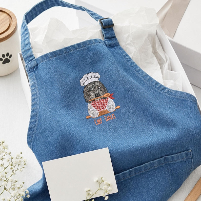 Custom Pet Photo Apron – Embroidered Dog & Cat Portrait Kitchen Apron