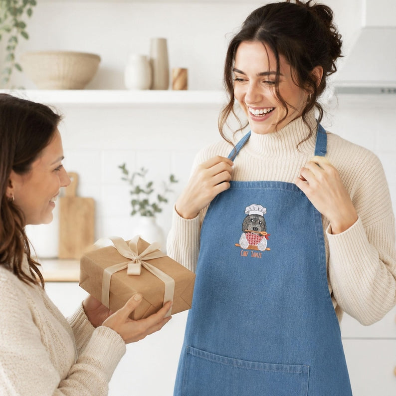 Custom Pet Photo Apron – Embroidered Dog & Cat Portrait Kitchen Apron