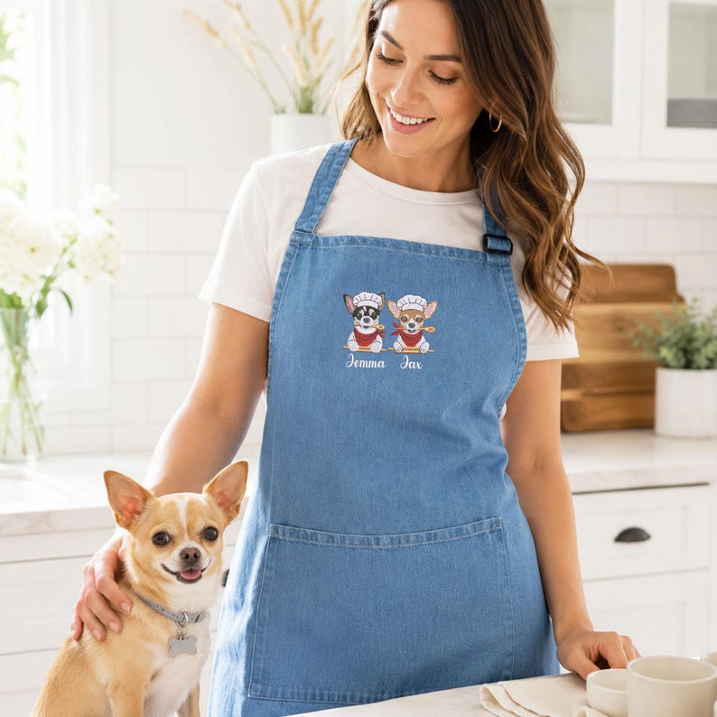 Custom Pet Photo Apron – Embroidered Dog & Cat Portrait Kitchen Apron
