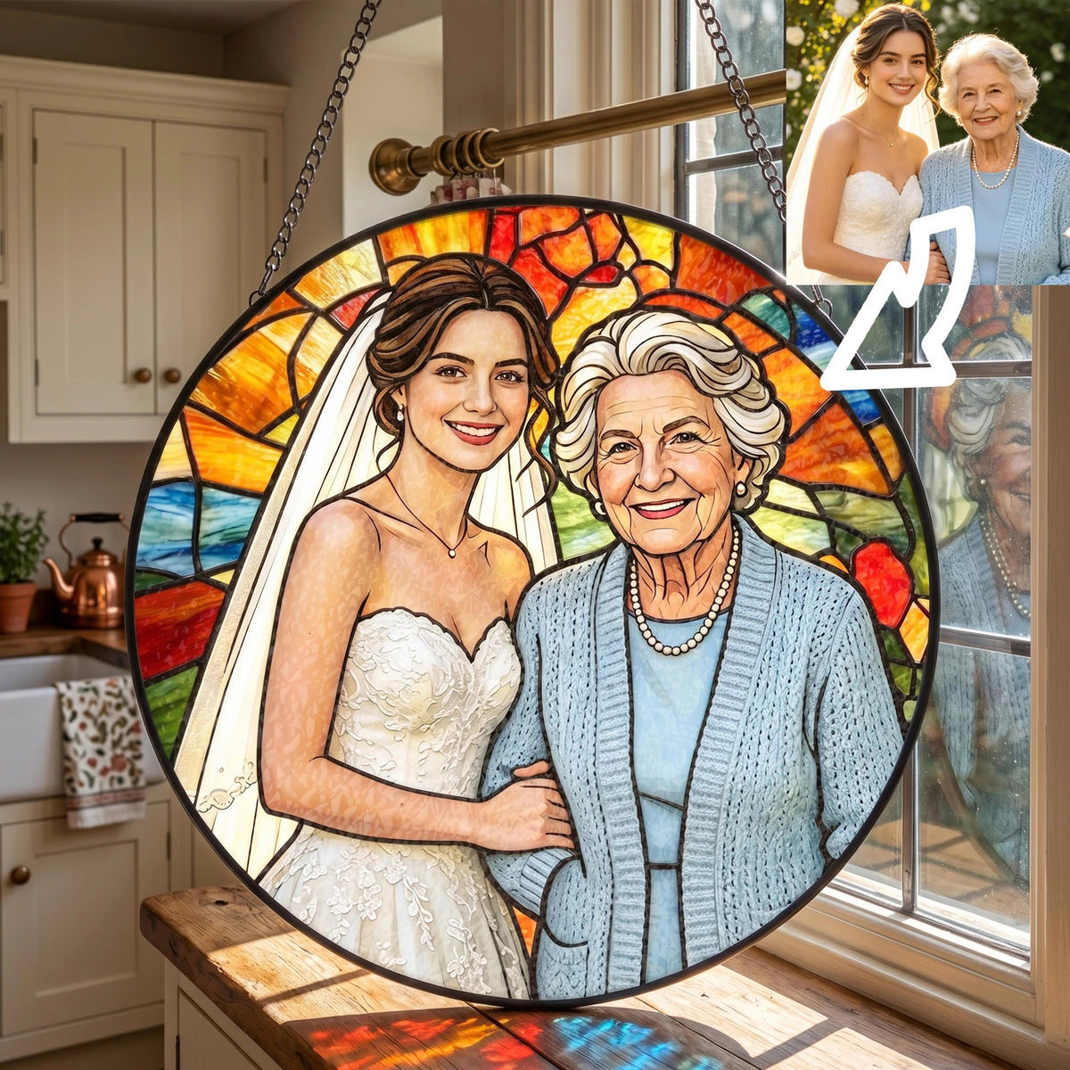 Custom Stained Glass Photo Suncatcher: Personalized Grandma Portrait Window Hanging