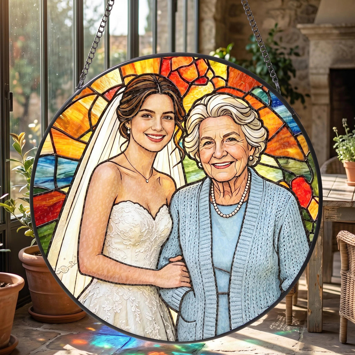 Custom Stained Glass Photo Suncatcher: Personalized Grandma Portrait Window Hanging