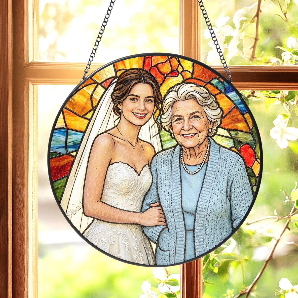 Custom Stained Glass Photo Suncatcher: Personalized Grandma Portrait Window Hanging