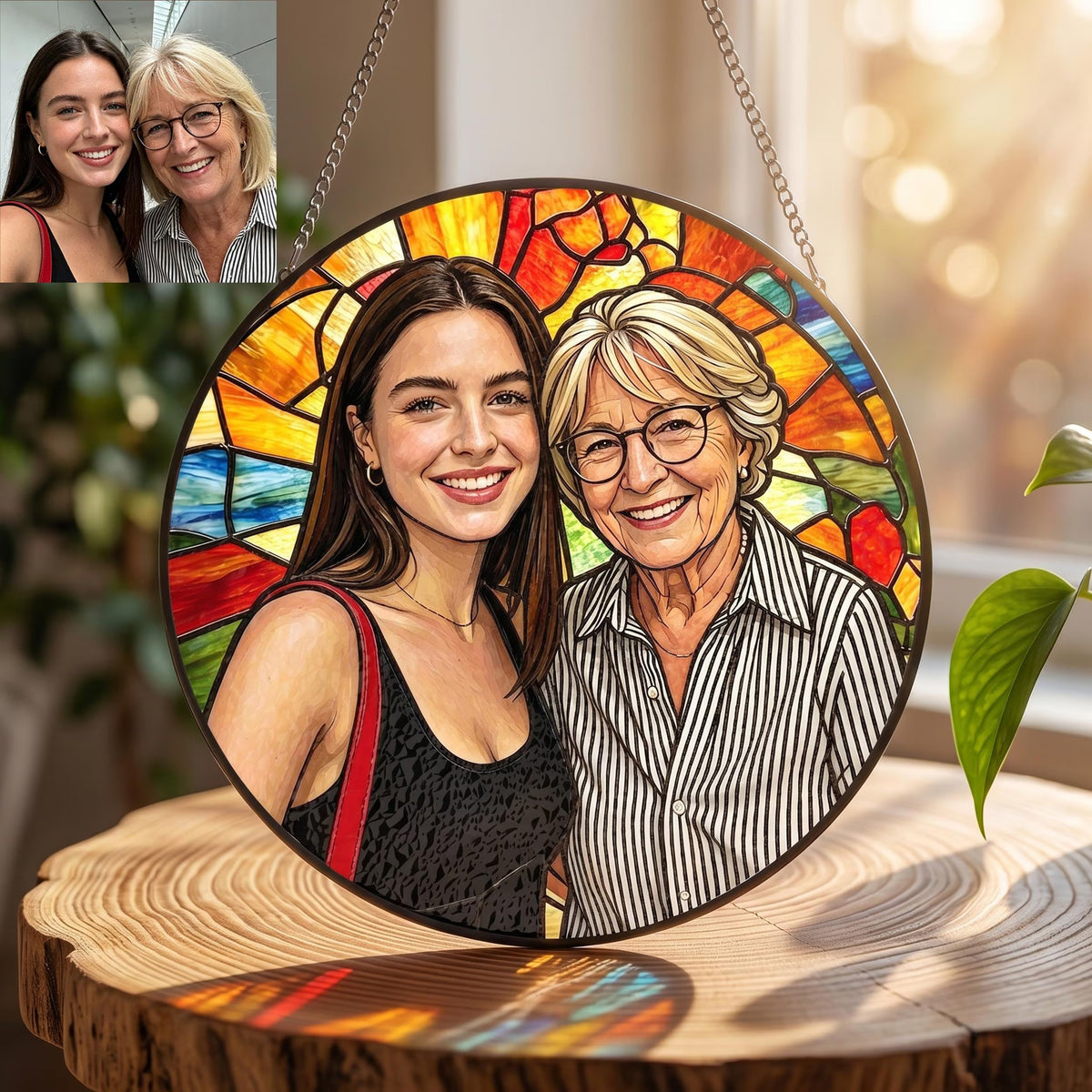 Custom Stained Glass Photo Suncatcher: Personalized Grandma Portrait Window Hanging