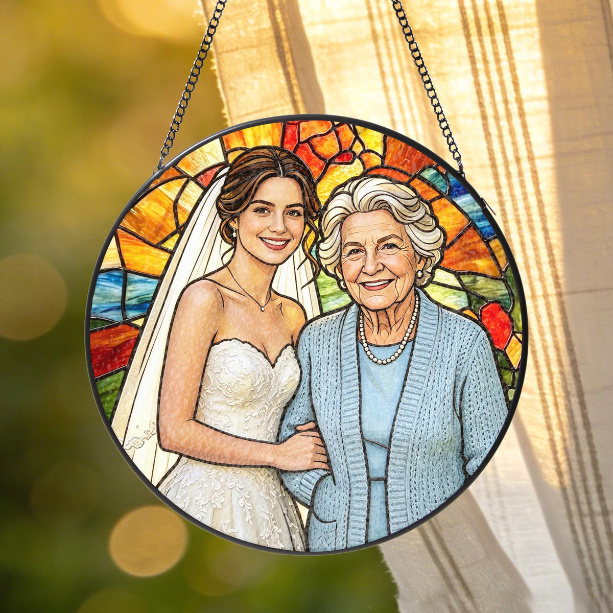 Custom Stained Glass Photo Suncatcher: Personalized Grandma Portrait Window Hanging
