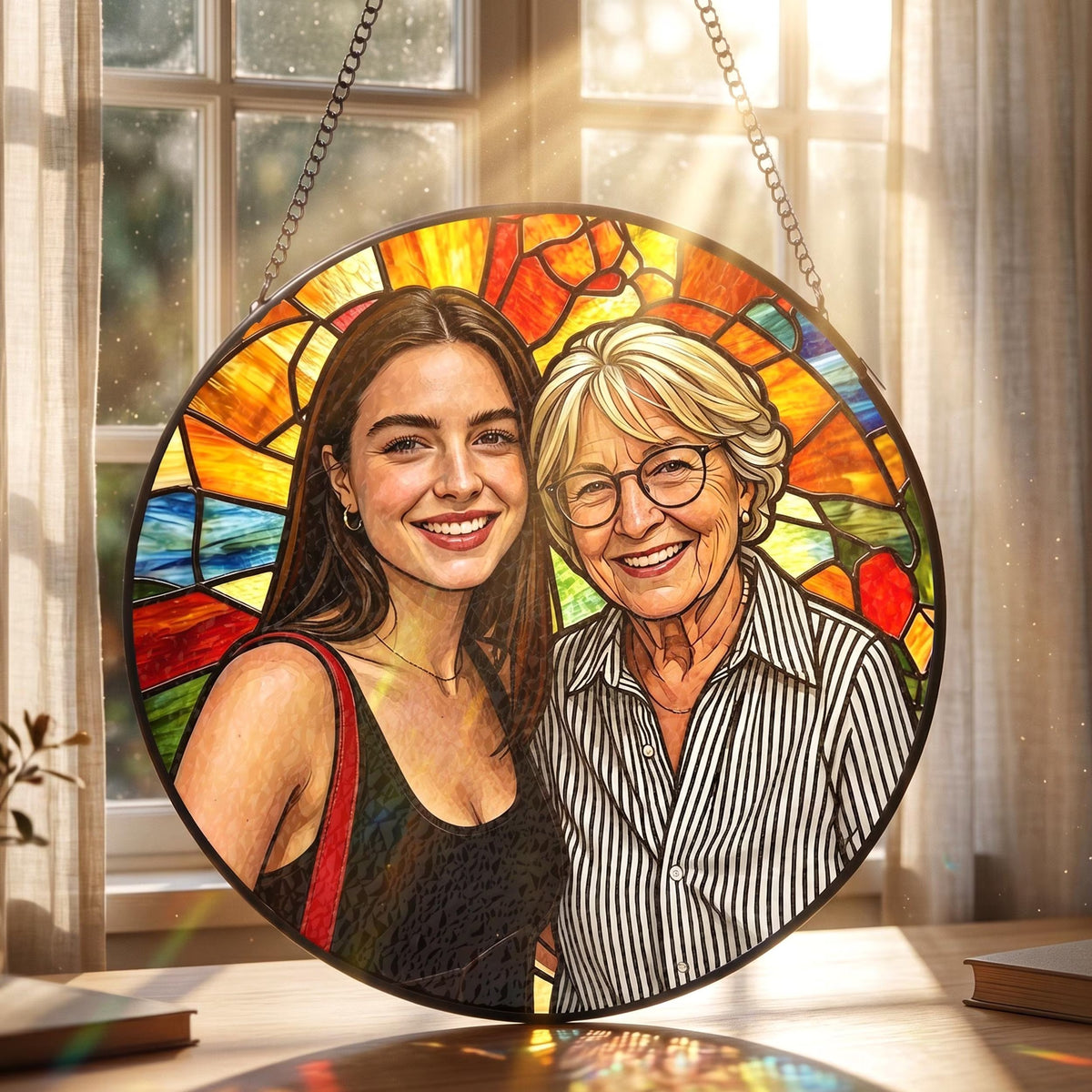 Custom Stained Glass Photo Suncatcher: Personalized Grandma Portrait Window Hanging