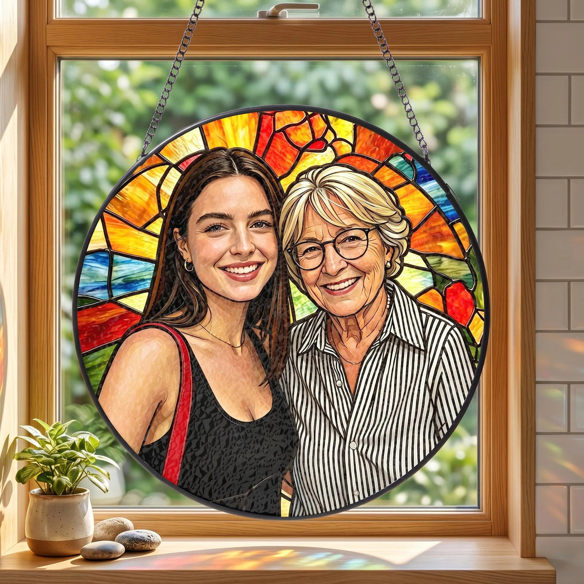 Custom Stained Glass Photo Suncatcher: Personalized Grandma Portrait Window Hanging