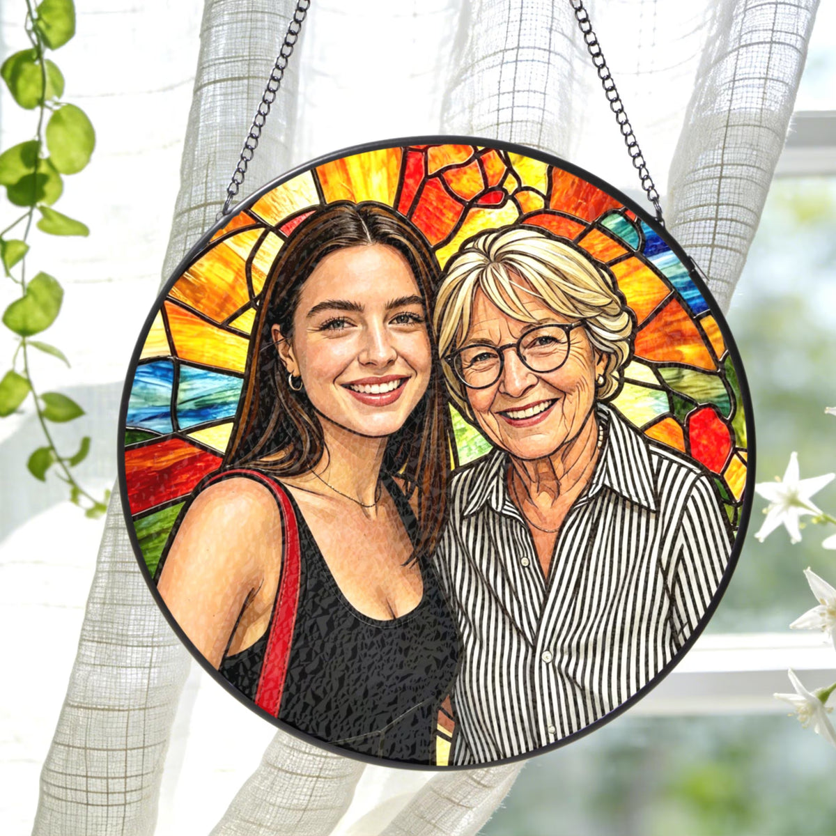 Custom Stained Glass Photo Suncatcher: Personalized Grandma Portrait Window Hanging