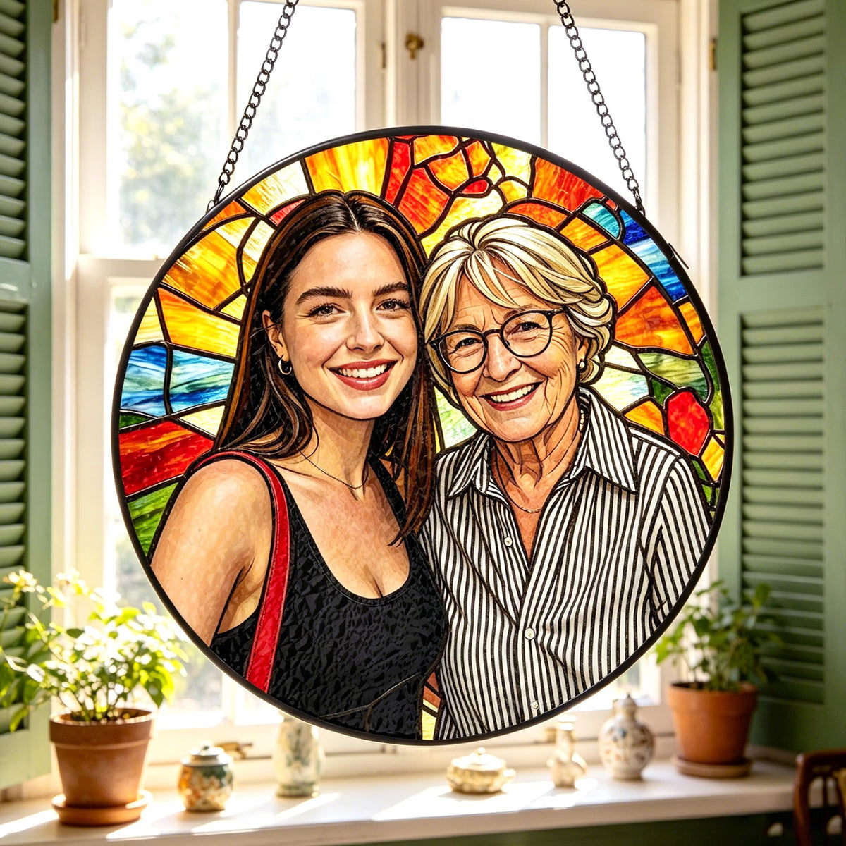 Custom Stained Glass Photo Suncatcher: Personalized Grandma Portrait Window Hanging