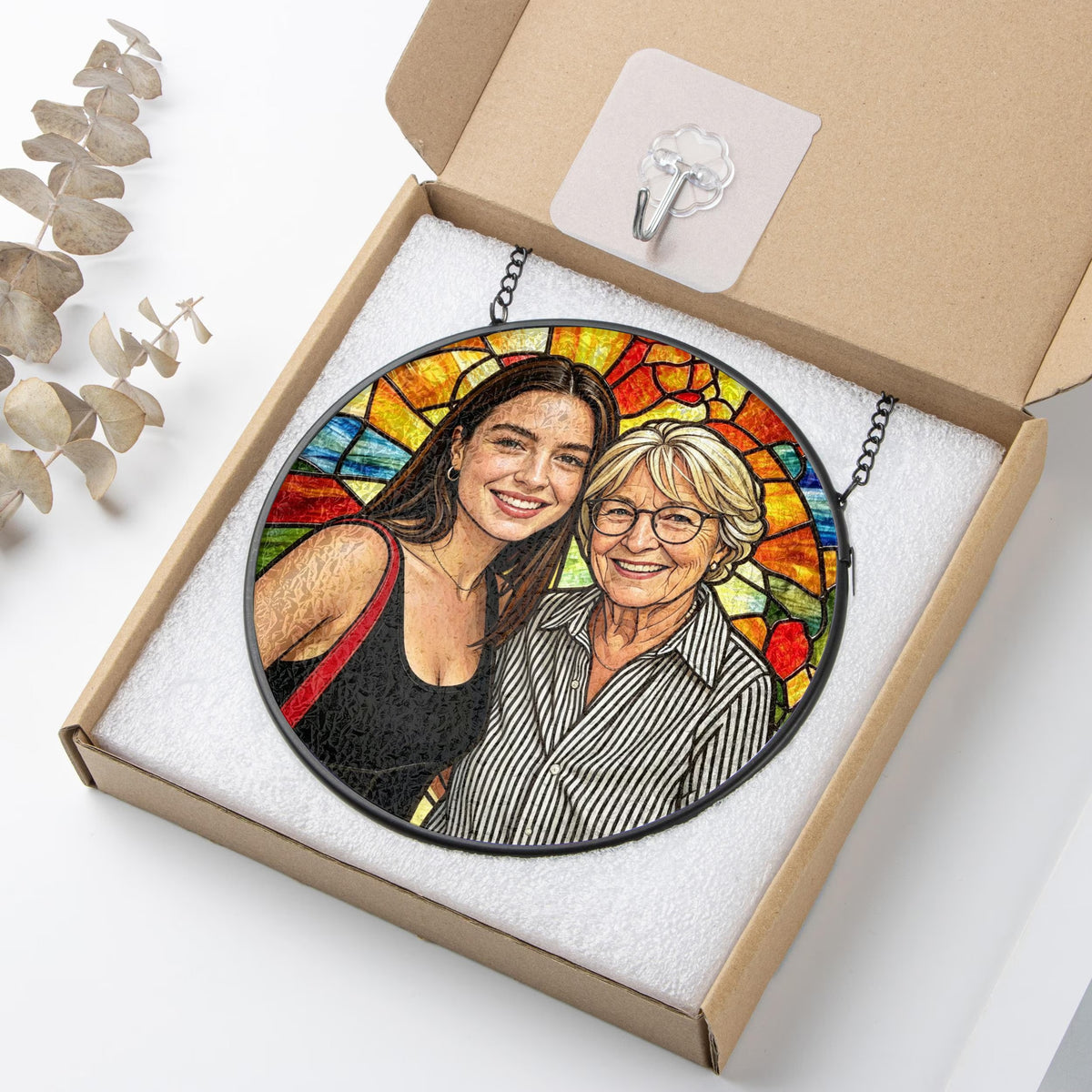 Custom Stained Glass Photo Suncatcher: Personalized Grandma Portrait Window Hanging