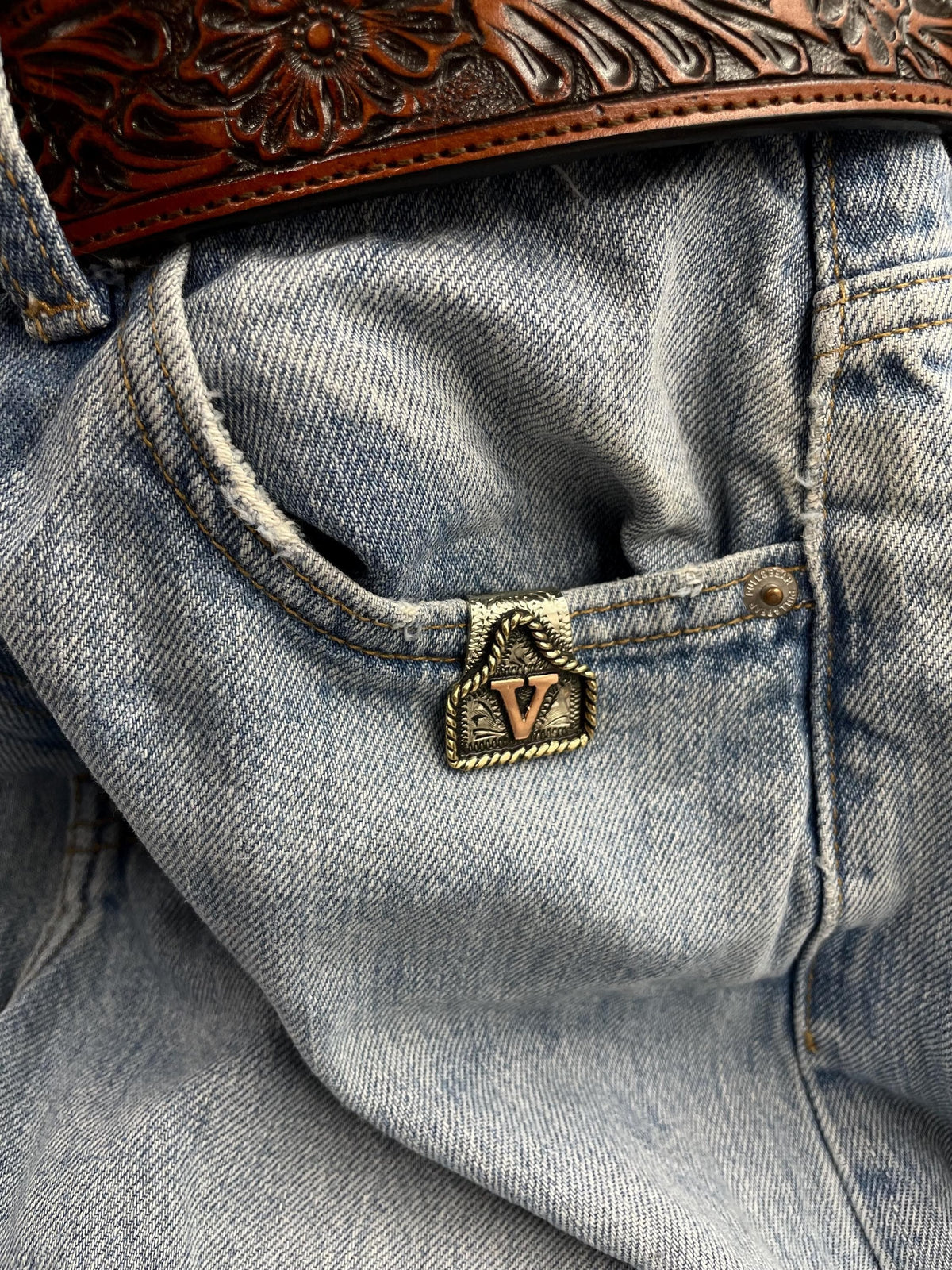 Handmade Cow Tag Belt Key Holder with Copper Initial.