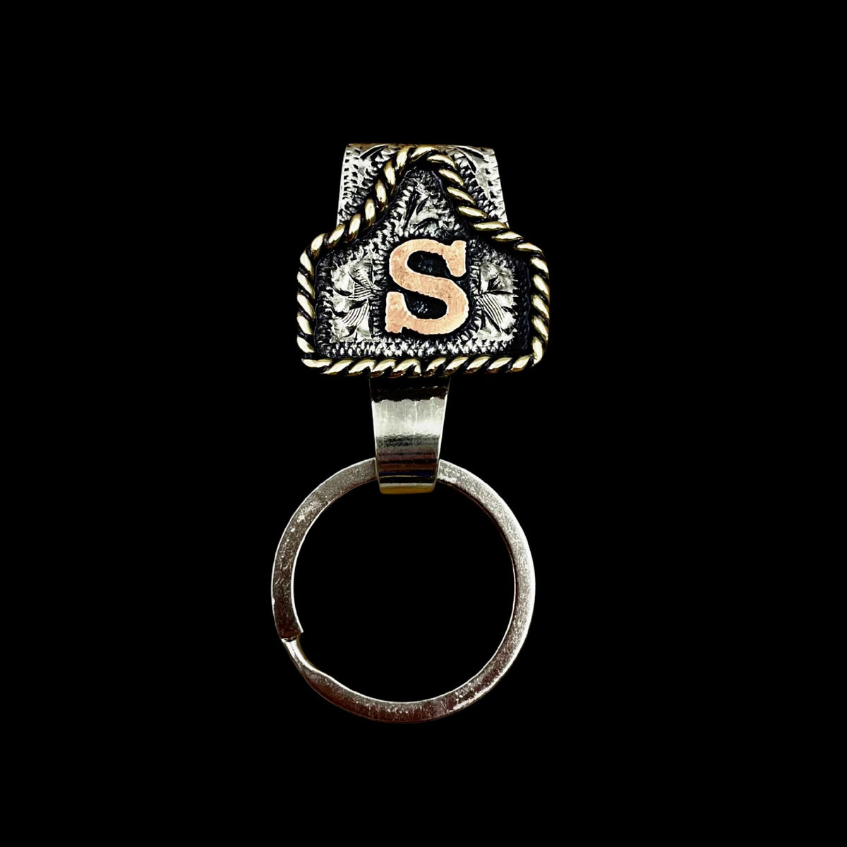 Handmade Cow Tag Belt Key Holder with Copper Initial.