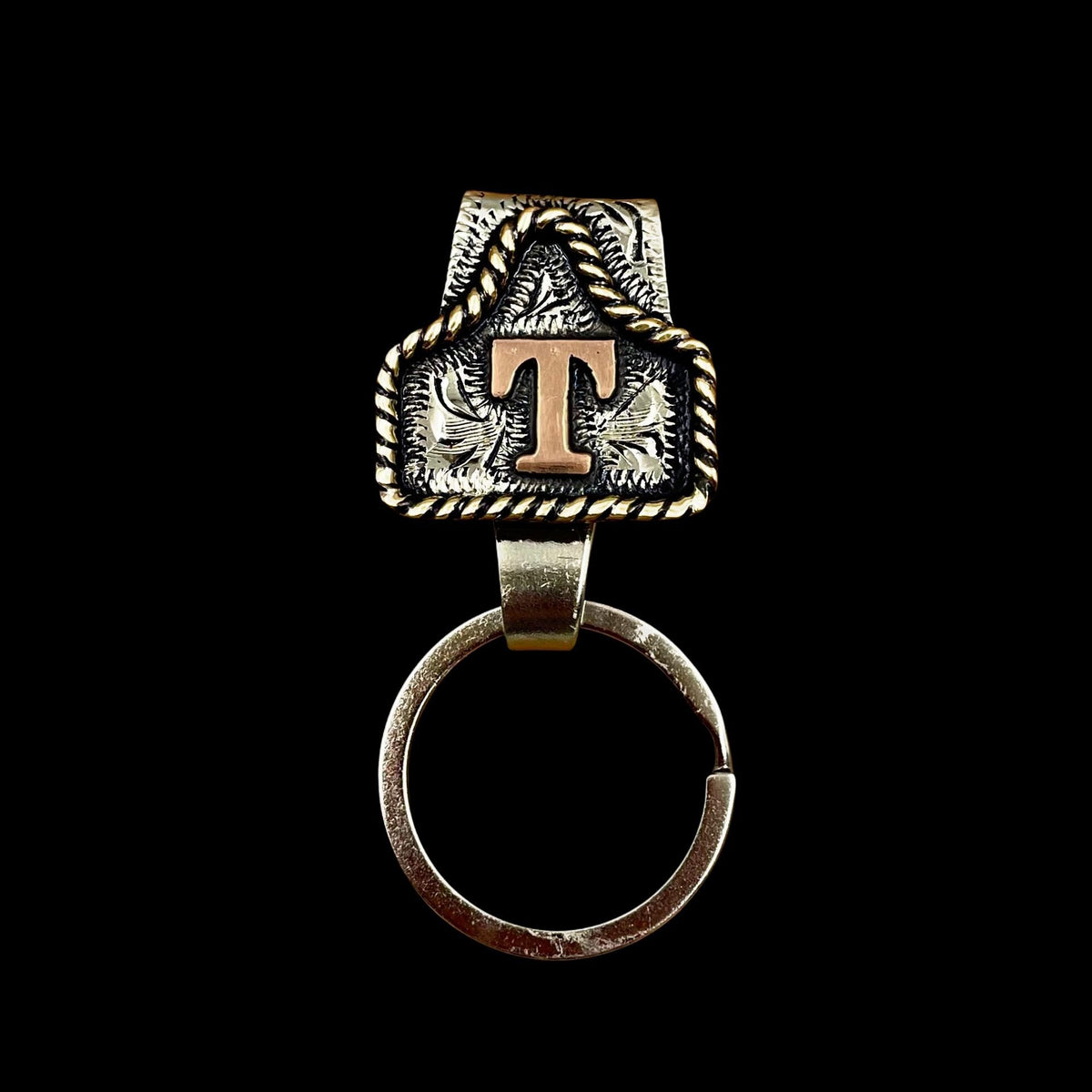 Handmade Cow Tag Belt Key Holder with Copper Initial.