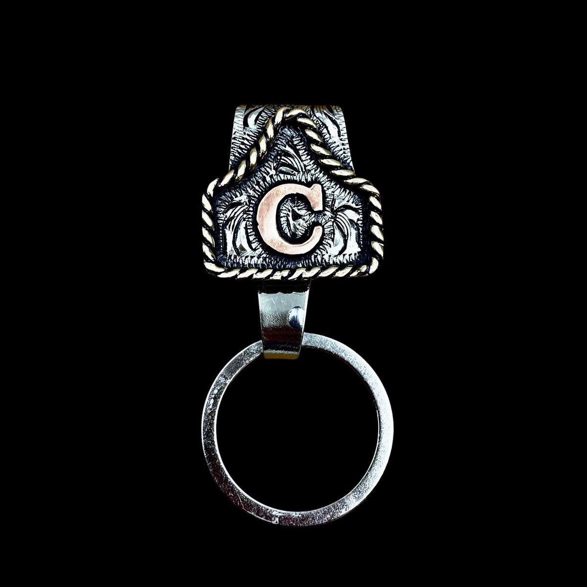 Handmade Cow Tag Belt Key Holder with Copper Initial.
