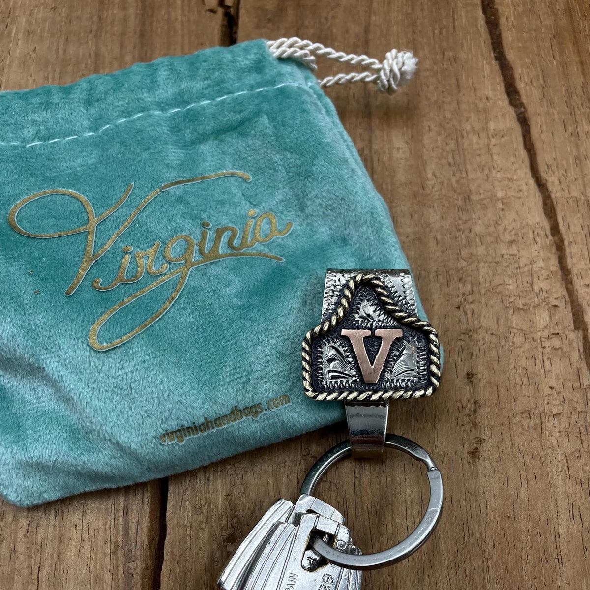 Handmade Cow Tag Belt Key Holder with Copper Initial.
