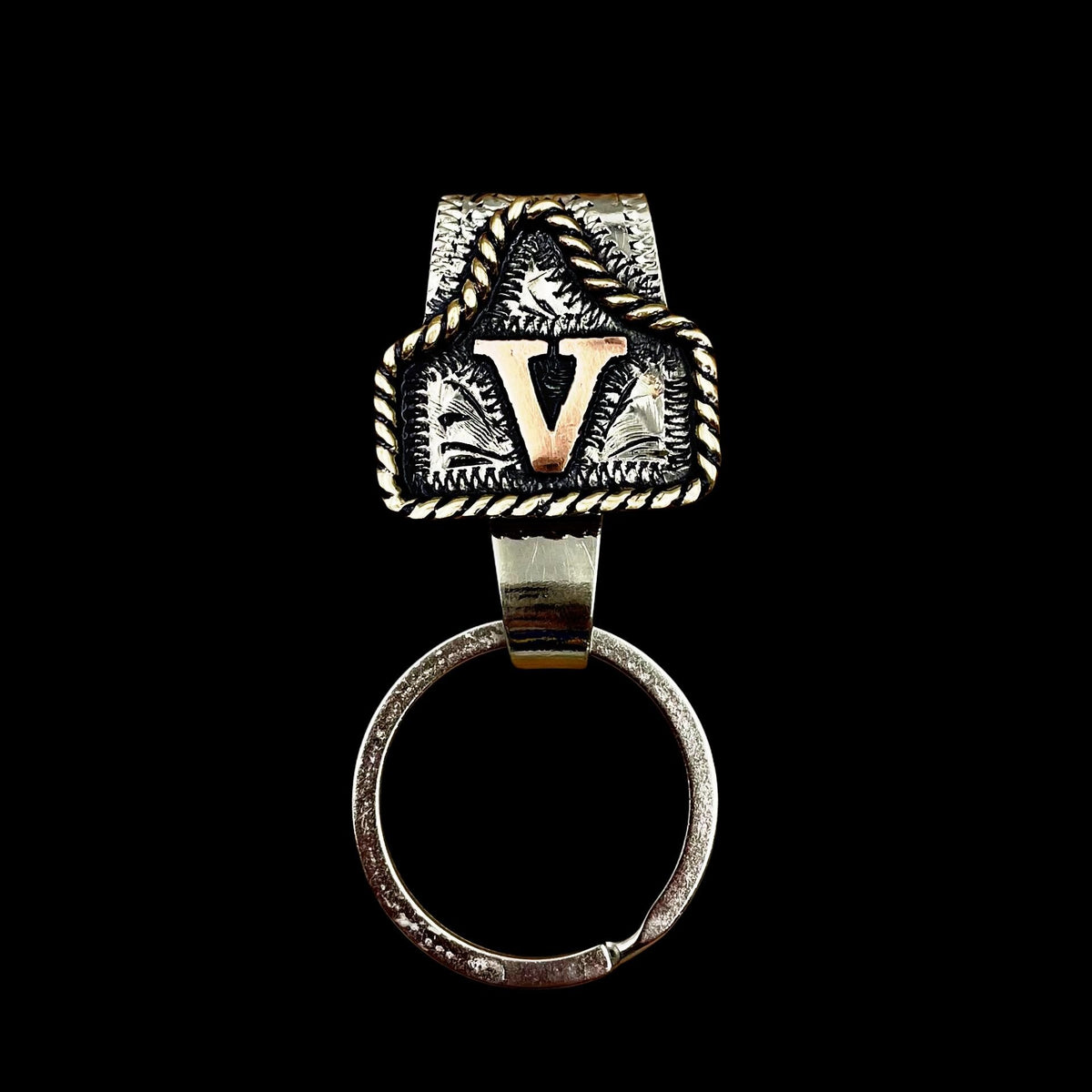 Handmade Cow Tag Belt Key Holder with Copper Initial.