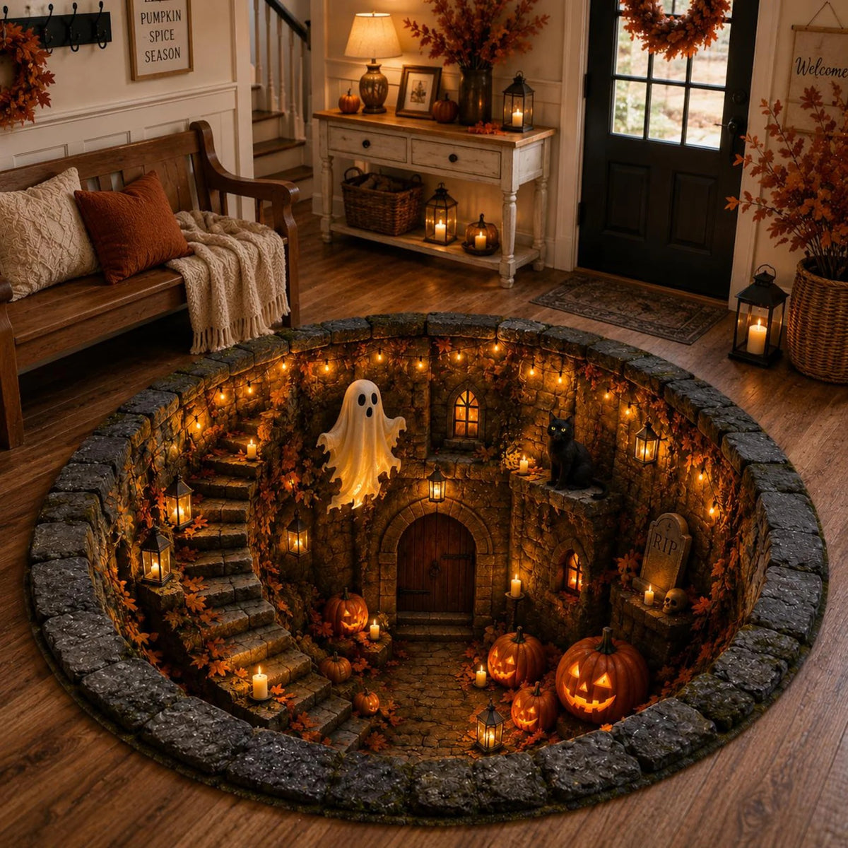 Flat Halloween Haunted Well Round Rug