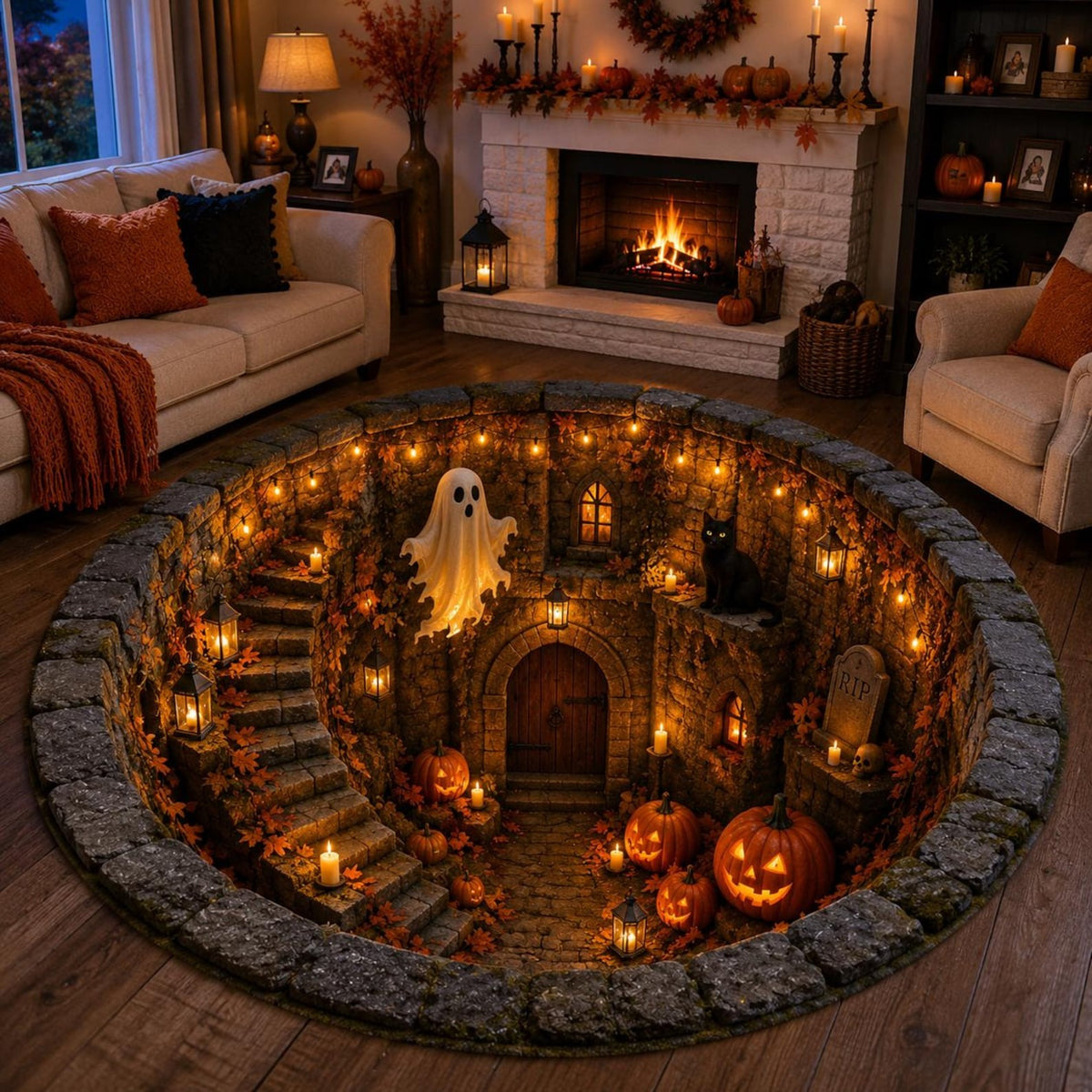Flat Halloween Haunted Well Round Rug
