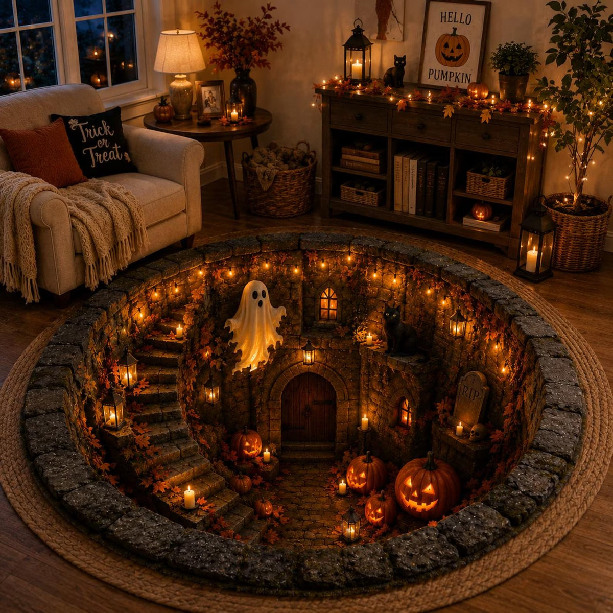 Flat Halloween Haunted Well Round Rug