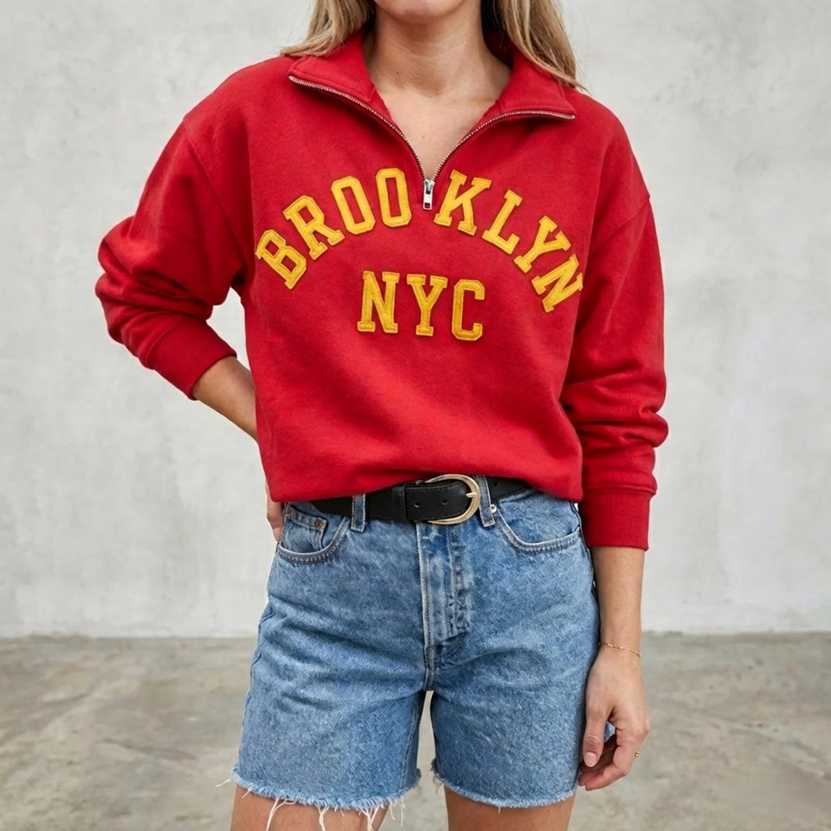 Custom Stitched Retro Wool Felt Letter Quarter-Zip Sweatshirt – Vintage Varsity Pullover