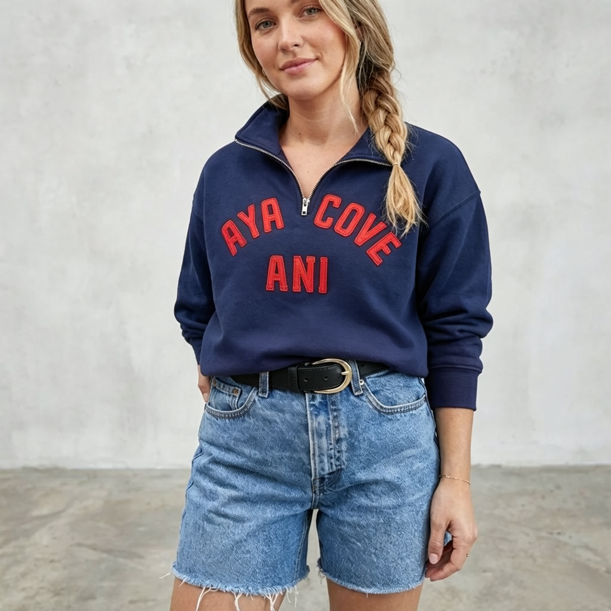 Custom Stitched Retro Wool Felt Letter Quarter-Zip Sweatshirt – Vintage Varsity Pullover